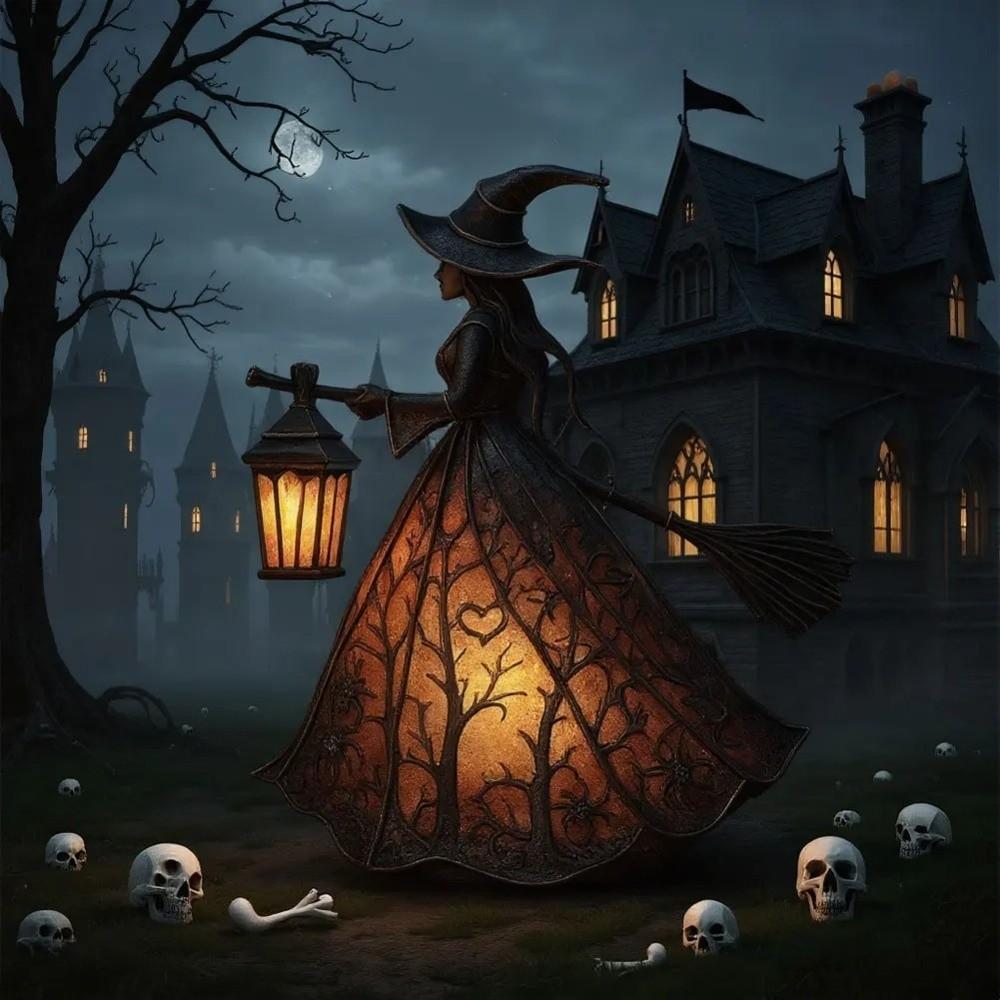 Scary Broomstick Witch Statues 16cm Resin Night Light Holiday Decorative Lamp Halloween Party