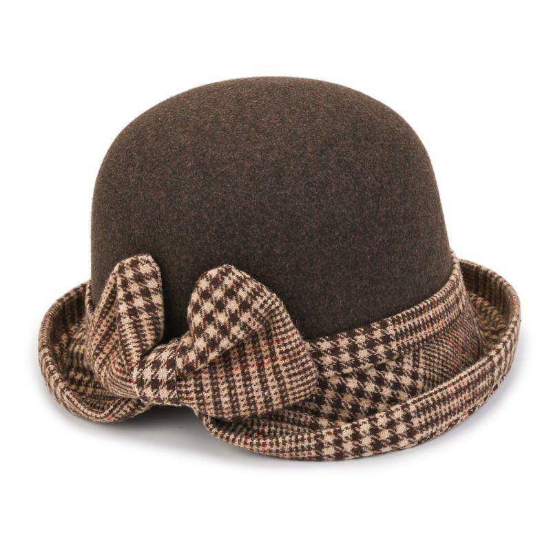 Elegant Bowknot Plaid Bucket Hat Classic French Style Solid Color Basin Hats Vintage Thick for Women Autumn & Winter