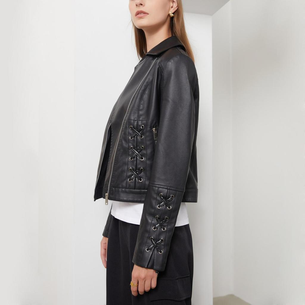 Женская асимметричная укороченная куртка из искусственной кожи на молнии из искусственной кожи, байкерское короткое пальто, тонкая верхняя одежда, винтажная укороченная куртка со шнуровкой, мотоциклетный бомбер, осень-весна, новинка