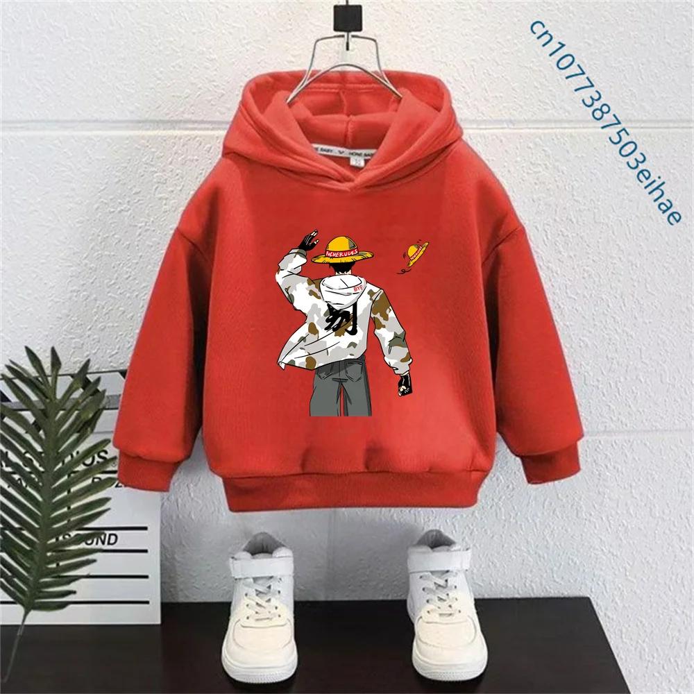 One Piece Luffy New Cartoon Kids Hoodie Y2K Street Style Casual Anime Pullover Hooded Sweatshirt Comfortable Daily Outfit