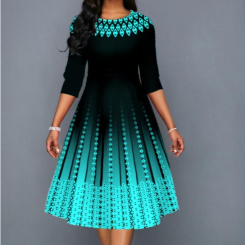 QICED Женская мода лето весна однотонный принт с рукавами 1/2 и круглым вырезом с высокой талией повседневные платья