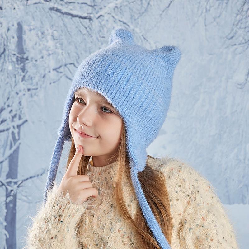 Новые детские шапки, милые вязаные шерстяные шапки с кошачьими ушками, зимние шапки для мальчиков и девочек, детские защитные капюшоны, модные уличные теплые цветные шапки