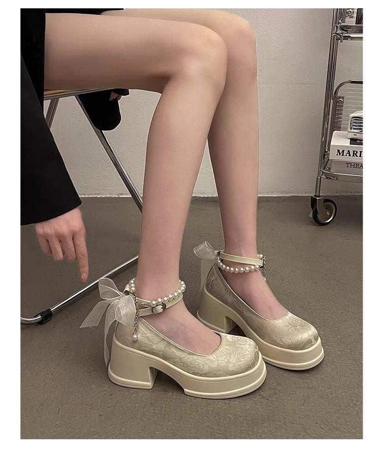 Женские туфли на высоком каблуке, новые туфли Мэри Джейн на толстом каблуке, туфли на платформе с жемчугом, маленькие кожаные туфли
