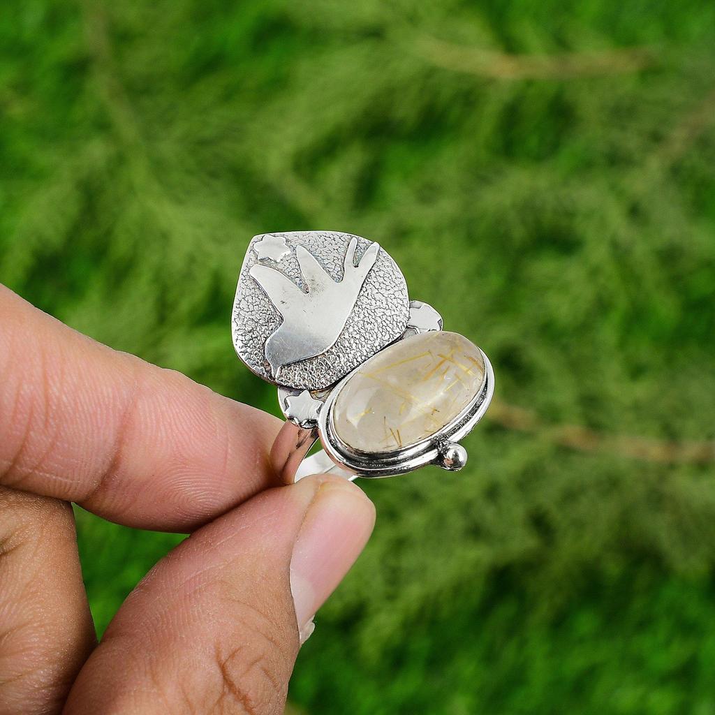 Womens Day Sale Natural Golden Rutile 925 Silver New Statement Bird Ring Jewelry