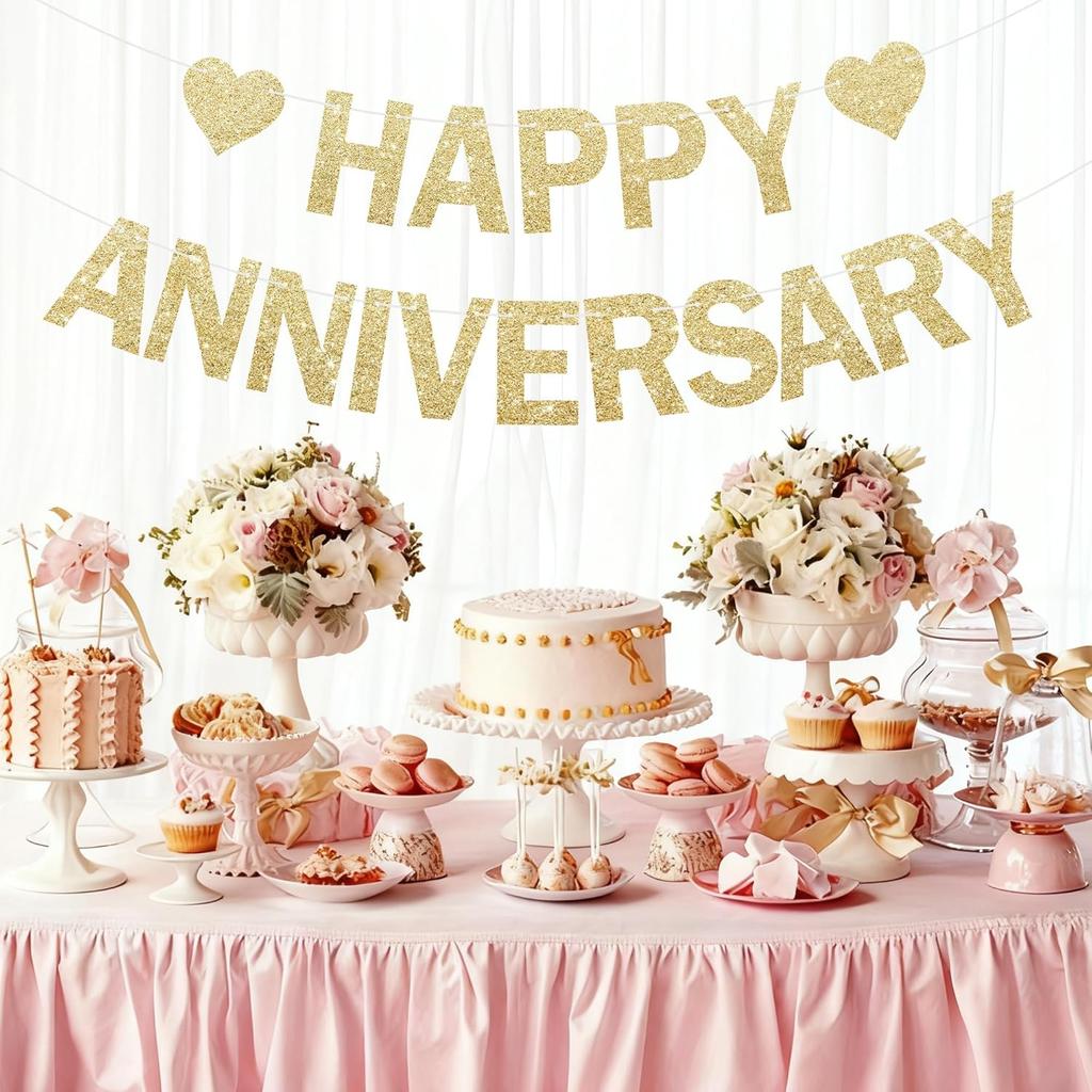 Happy Anniversary Glitter Banner - No DIY - Champagne Gold Happy Anniversary Decorations Banner for Romantic Wedding Birthday Party Decorations