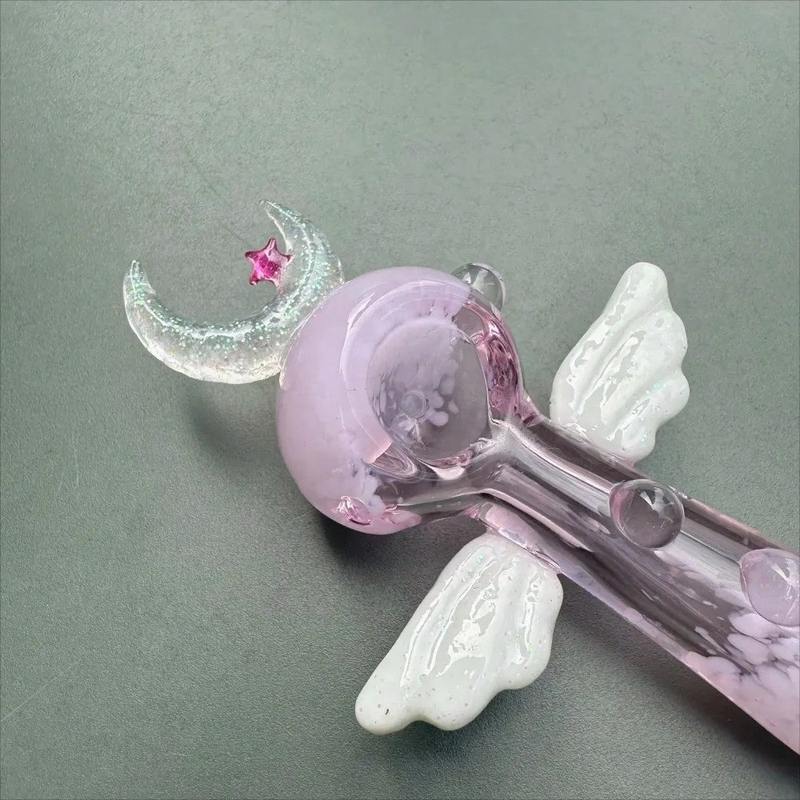 4" Moon and Wings Design Magic Handmade Borosilicate Glass Pipe