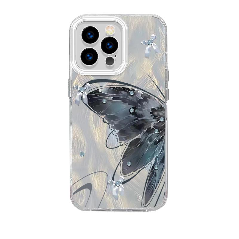 Upgraded Glitter Silver Case Painted Butterfly Printed Protective Shell Shockproof Full Back Cover for iPhone Samsung
