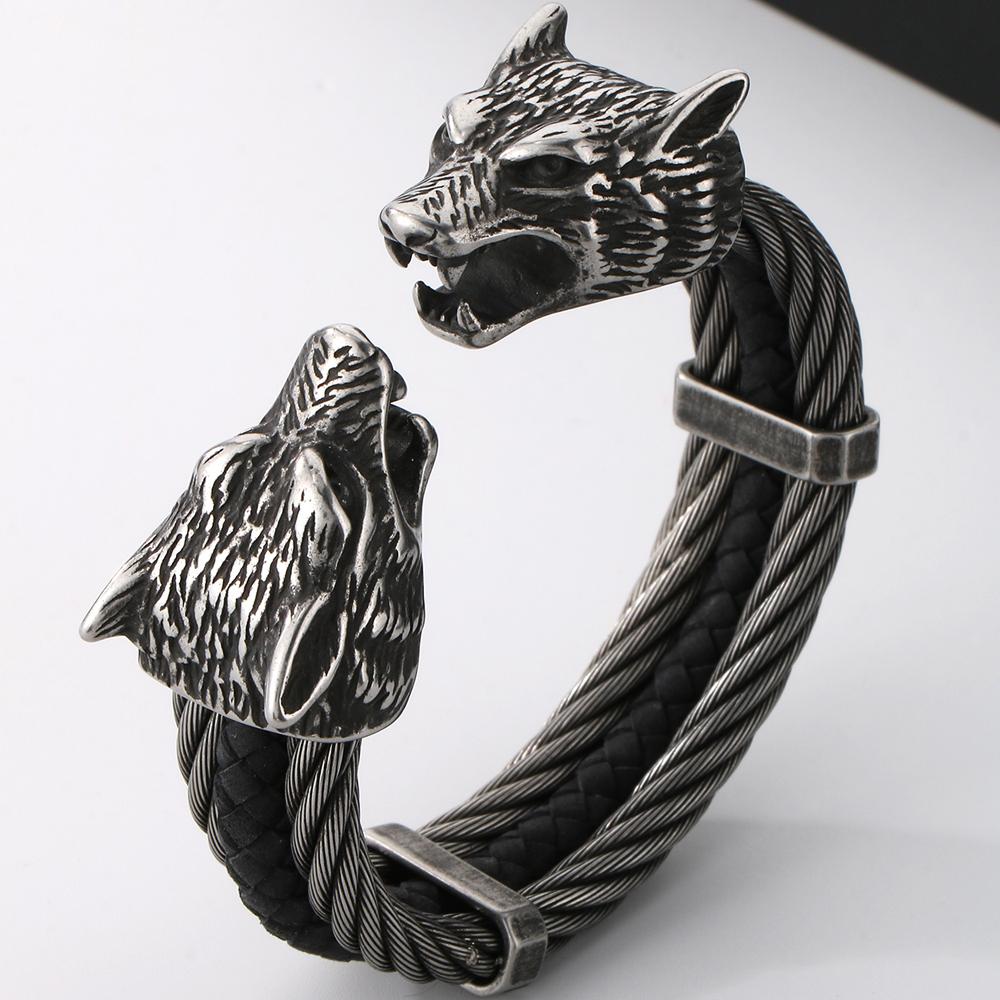 Готический эластичный двойной волчий череп открытый браслет-манжета для мужчин 12 мм витая цепочка сплошной из нержавеющей стали мужские браслеты