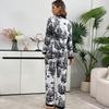 Spring Autumn Women Black Pyjamas Set Graphic Printing Tops and Pants Satin Sleepwear Loose 2 Piece Pajamas Loungewear Outfits