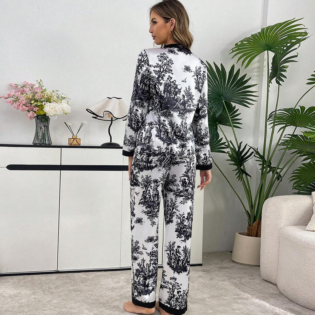 Spring Autumn Women Black Pyjamas Set Graphic Printing Tops and Pants Satin Sleepwear Loose 2 Piece Pajamas Loungewear Outfits
