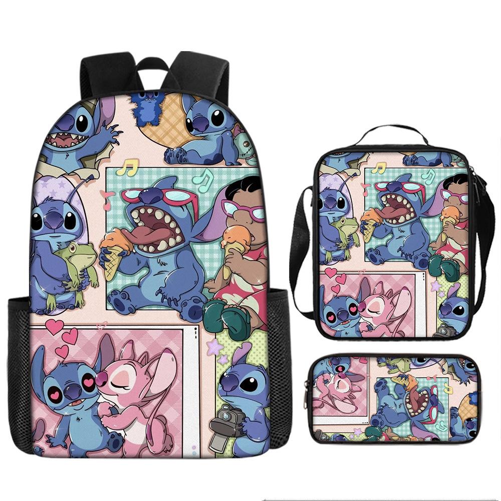 Stitch Backpack Set 3-Piece Lilo & Stitch School Backpack Insulated Lunch Bag Pencil Case Oxford Cloth Large Capacity
