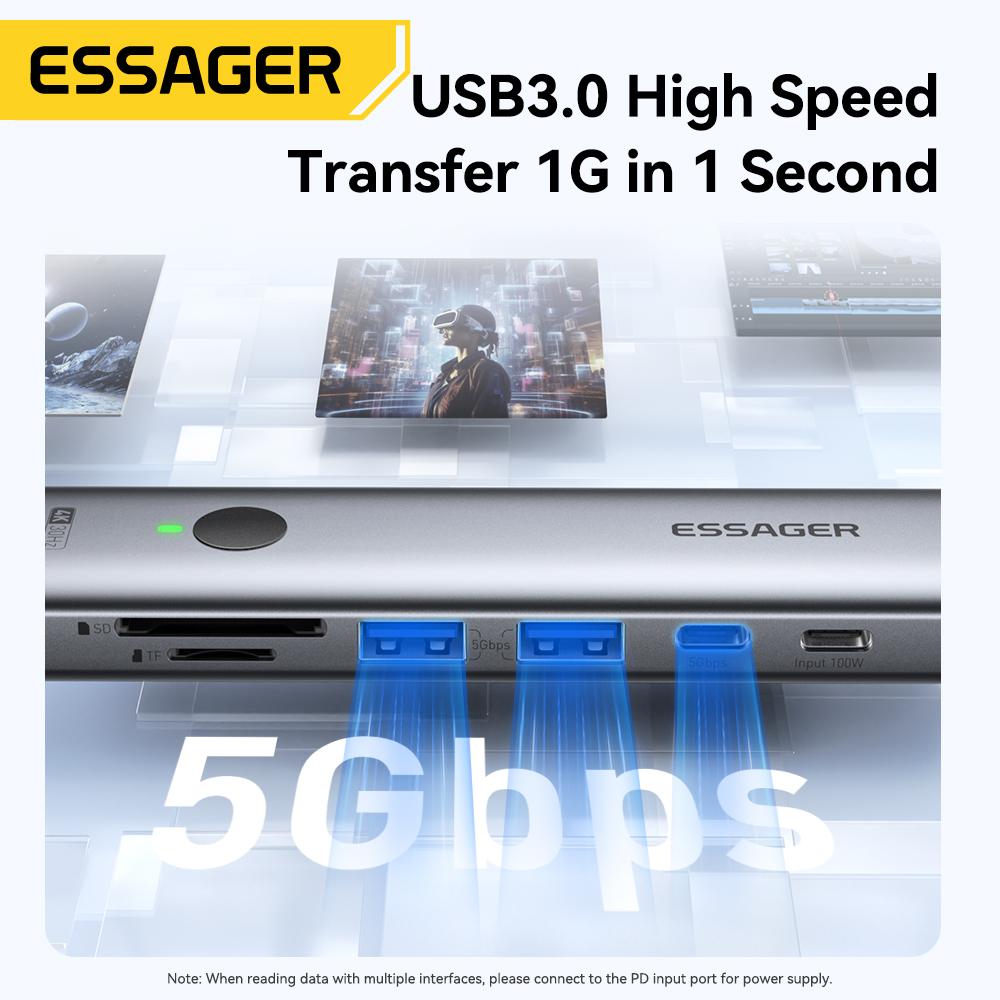 Essager USB C ХАБ 4K 7-в-1 Type C на HDMI PD 100 Вт SD&TF USB 3.0 5 Гбит/с Многопортовый адаптер для MacBook Ноутбука iPad Телефона Разветвитель