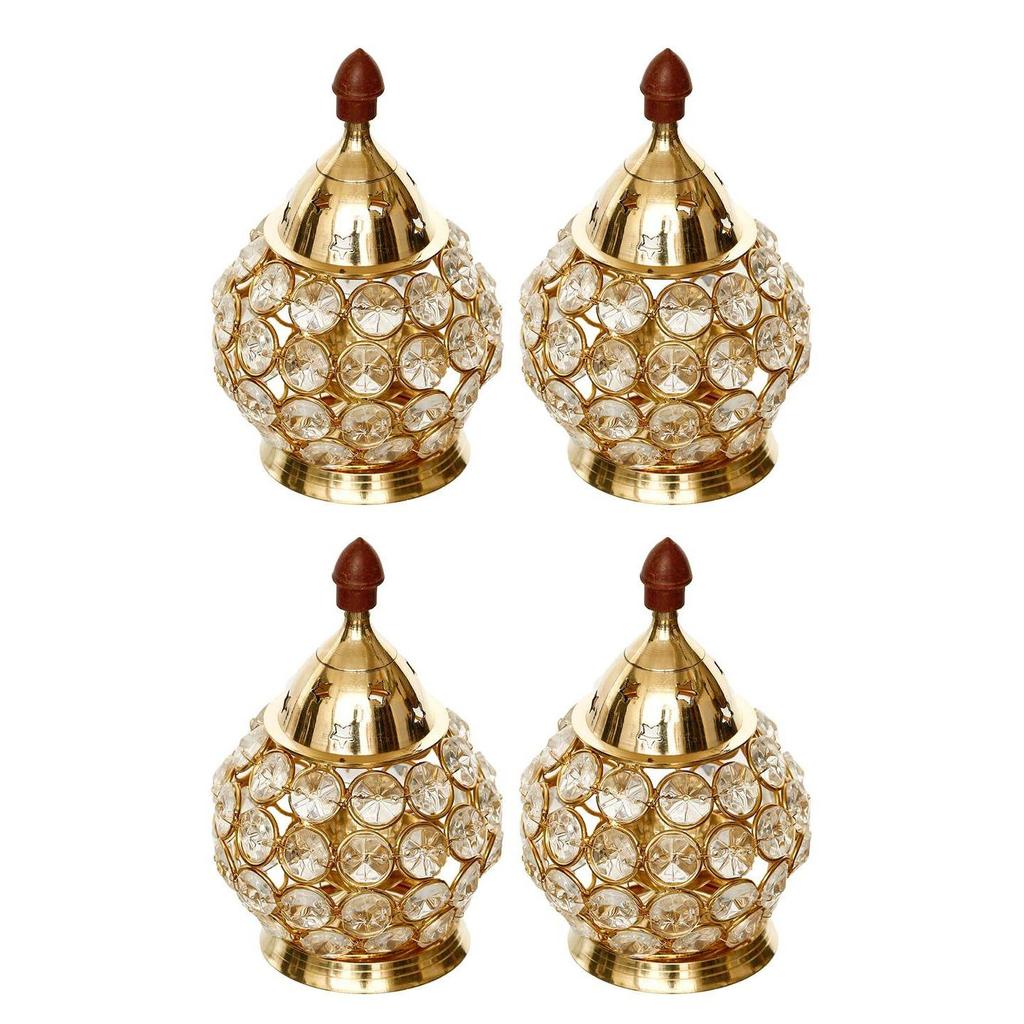 Set of 4 Designer Golden Brass Crystal Akhand Diyas for Puja Room, Home, Office, Temple Decor