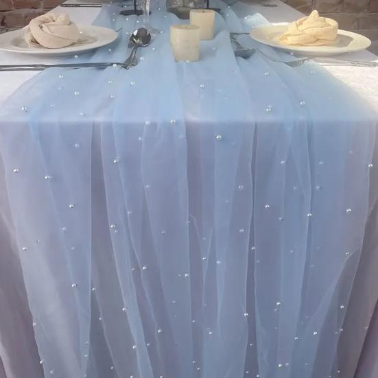 9.8FT марлевая дорожка для стола из шифона, дорожка для стола с искусственным жемчугом, декоративная скатерть для обеденного стола для домашнего дня рождения, праздничной вечеринки