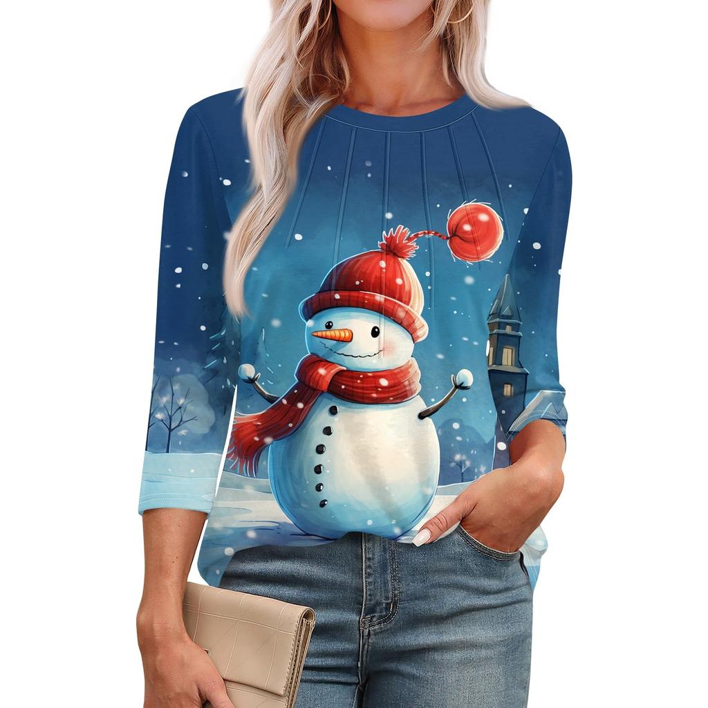 Женская модная футболка с круглым вырезом и рукавом 3/4 с принтом, повседневная, базовая, плиссированная, пуловер