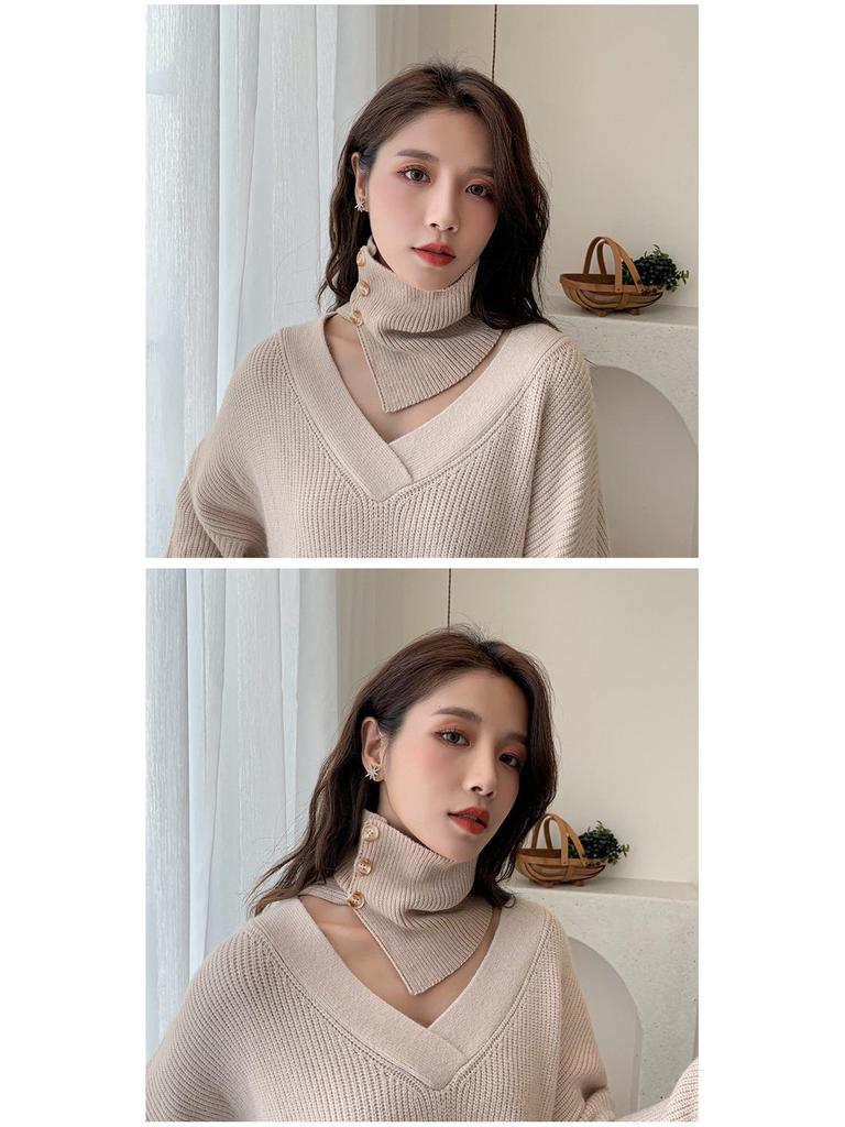 Женский вязаный шарф-пуловер с искусственным воротником на пуговицах — универсальный аксессуар для свитера на весну, осень и зиму