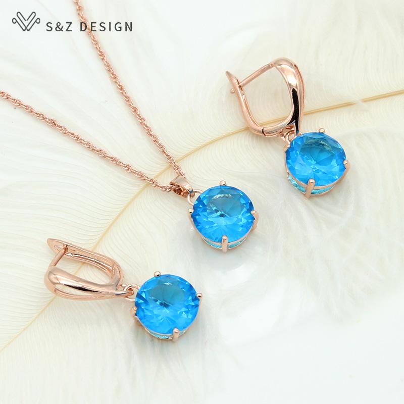 Fashion Classic Big Round Cubic Zirconia Drop Earrings Jewelry Sets For Women Wedding Rose Gold Color Pendant Necklace