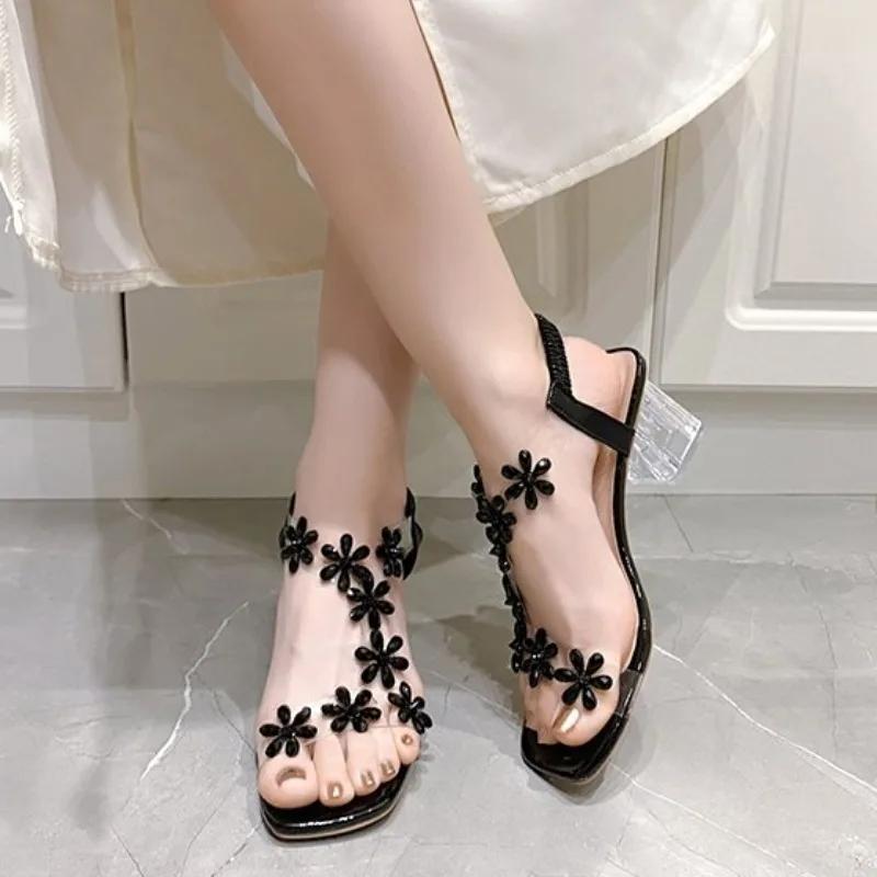 2024 Сандалии Женские Летние Новые Модные Женские Шикарные Цветы Стразы Прозрачные Босоножки С Открытым Носком Женские Туфли
