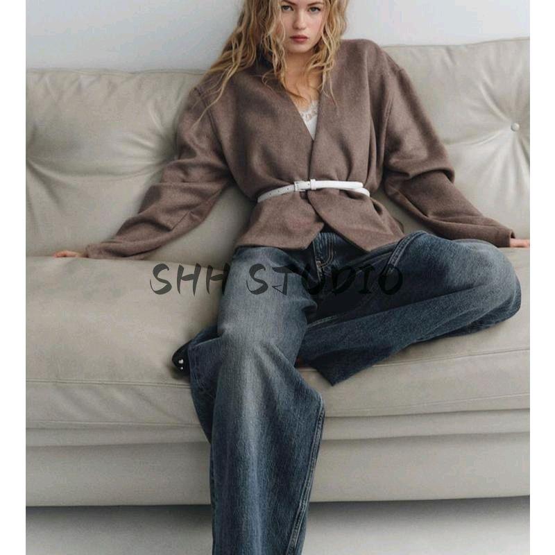 Весна Новая Женская Одежда Минималистичный Шерстяной Бленд с Поясом Мягкое Удобное Пальто с Длинным Рукавом и V-образным Вырезом 1255737