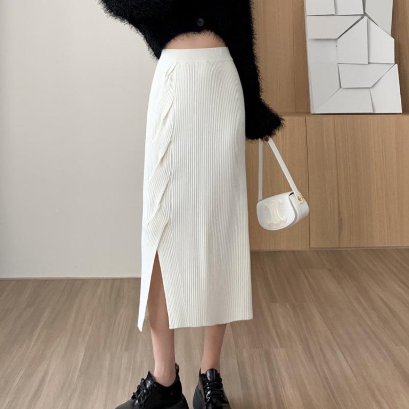 Вязаная полуюбка на бедрах с разрезом, полуюбка с запахом на бедрах для женщин, зимний дизайн, элегантная одношаговая юбка, эластичная талия, эластичная юбка средней длины