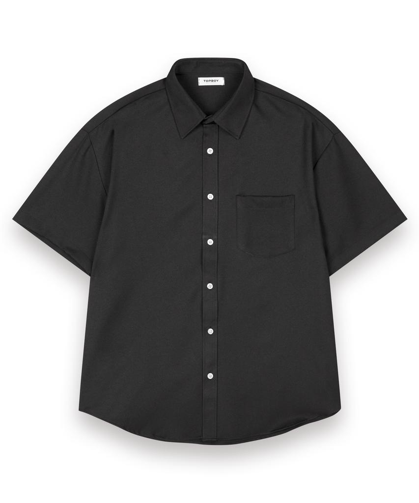 TOPBOY Solid Wrinkle-Free Loose Fit Plain Short Sleeve Shirt Black