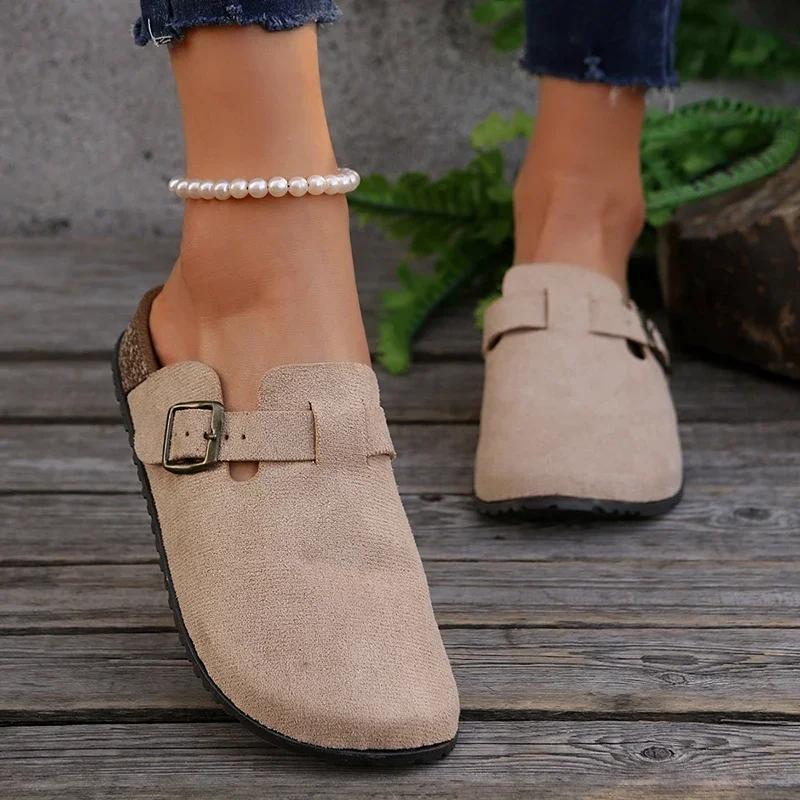 Модные летние клоги на пробковой подошве, женские туфли на плоской подошве, модные туфли-картофелины с пряжкой из искусственной кожи, женские домашние и уличные тапочки Mujer