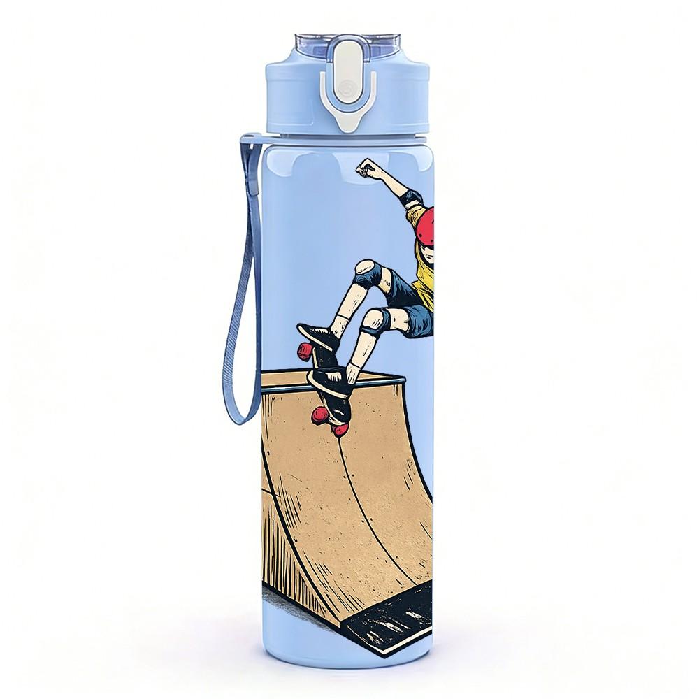 1PC Ramp Skate Boy Cartoon 750ml Color Plastic Sports Water Bottle Leakproof Flip Straw Lid Suitable for Sports Office Home Use
