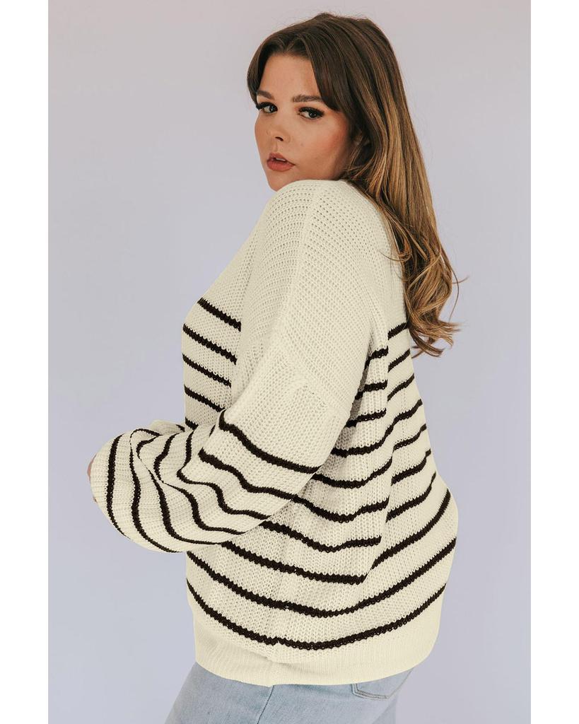 Azura Exchange Khaki Plus Size Striped Drop Shoulder Puff Sleeve Sweater