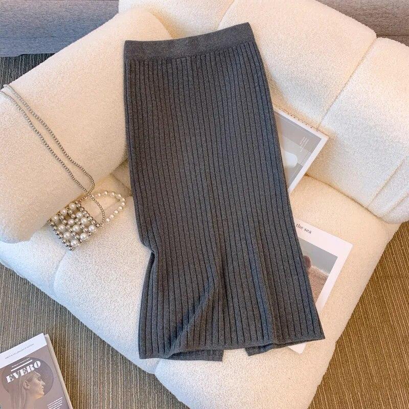 Элегантная офисная женская однотонная прямая юбка, повседневная трикотажная юбка в полоску, осень/зима, юбка средней длины с высокой талией и запахом на бедрах 29474