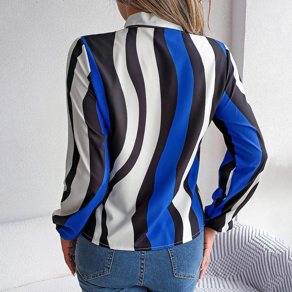 Women Spring Autumn Temperament Stripe Print Bow Collar Long Sleeve Shirt Blouses