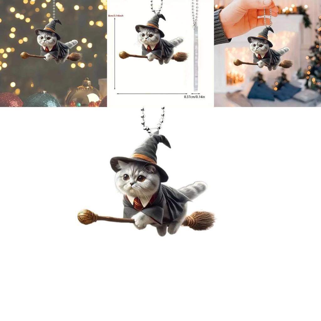 Acrylic Flat Surface Car Pendant With Magical Cat Riding Broom Design For Vehicle Interior Decor