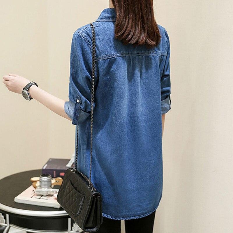 Classic Solid Long Sleeve Mid-length Denim Jacket For Women Rip Curl Cuff Blue Slim Blouse Office Work Lady Spring Jean Coat