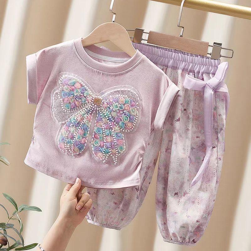 Милый и модный комплект Butterfly Knot для девочек в стиле тай-дай. Летний комплект из двух предметов с короткими рукавами и брюками-фонариками.