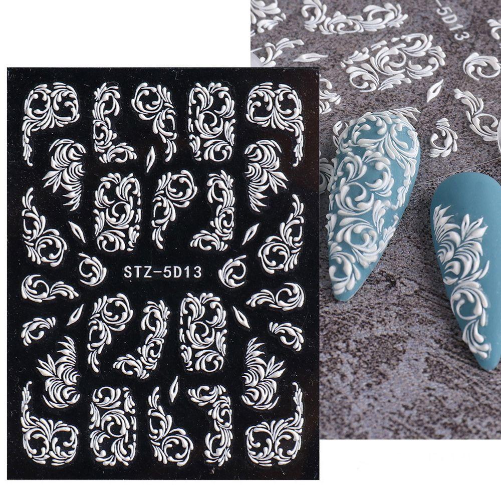 Adhesive Decals Winter Sliders Lace Embossed Flower Wedding Design Nail Stickers White 5D Acrylic