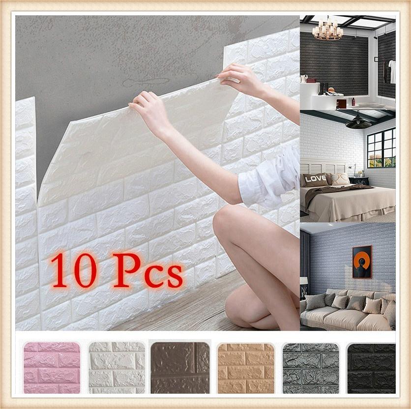 10Pcs 3D Wall Stickers Imitation Brick Bedroom Decor Waterproof Self-Adhesive Wallpaper for Living Room Kitchen TV Backdrop