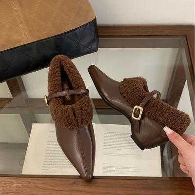 Туфли Мэри Джейн на толстом каблуке с французским острым носком, женские новые бархатные хлопковые туфли осень-зима 2025