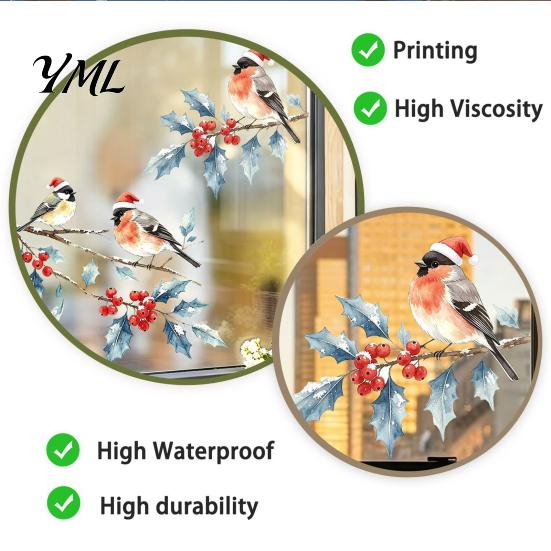 Holiday Party Window Accents Christmas Watercolor Bird Sticker, Santa Hat on Beey Winter Glass Decals Branch Static Decal, Waterproof Cling for