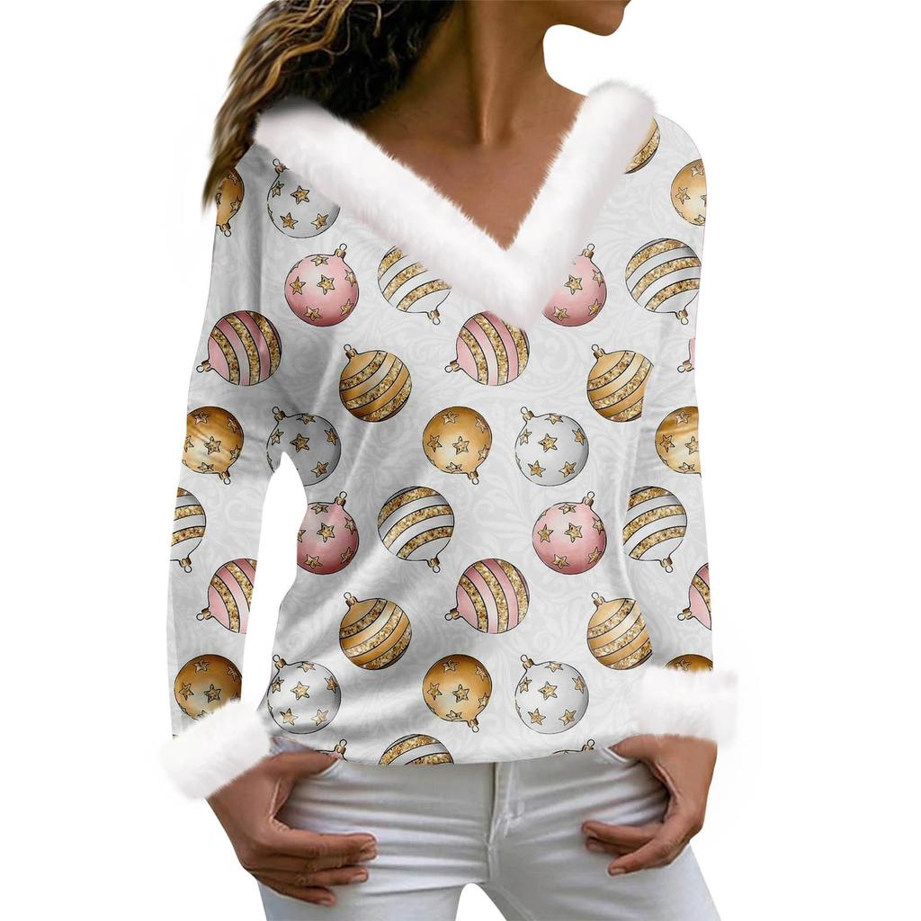 Женская футболка с рождественским принтом, футболка с длинным рукавом, флисовый воротник, топ с V-образным вырезом
