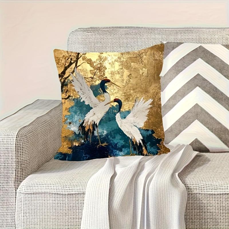 Golden Teal Red-Crowned Crane Pillow Cover Oriental Art Print Japanese Ukiyo-E Style Cushion Case For Sofa Bed Couch Home Decor