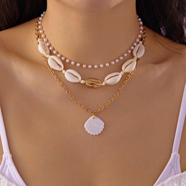 Bohemian Multi-layer Starfish Shell Pendant Necklace for Women Beach Imitation Pearl Metal Beads Choker Neck Chain Party Jewelry