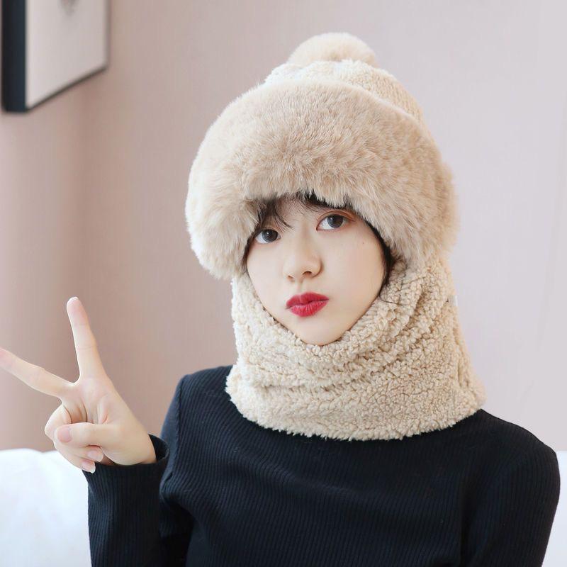 Women's Autumn & Winter Plush Thickened Integrated Hat & Scarf for Cycling - Windproof, Coldproof, Electric Car Pullover Hat.