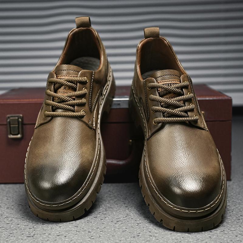 Italian Thick Bottom Men Casual Leather Shoes Outdoor Antiskid Tooling Shoes Beef Tendon Outsole Leather Lace Up Oxford Shoes