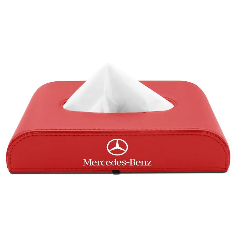 IJZN6 1PC PU Leather Car Tissue Box Hanging Ford Badge Paper Towel Bag Storage Stickers For Mercedes Benz A B C E S AMG CLA CLK GLA