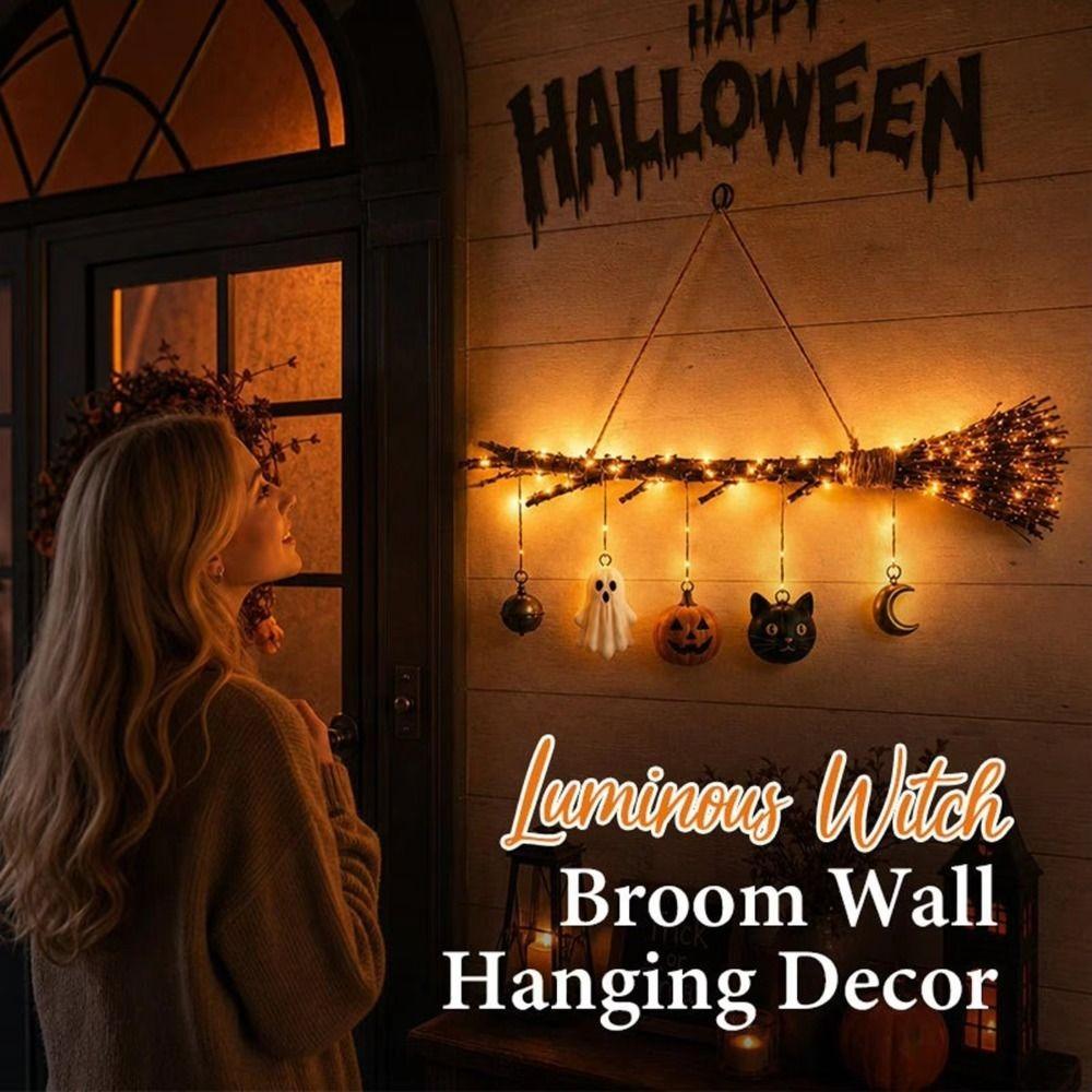 Glowing Witch Broom Wall Decoration Warm Color Wall Mount Decor Halloween Wall Art Party Decor
