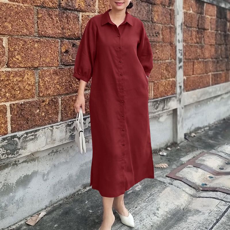 ZANZEA Женское повседневное платье-рубашка с отложным воротником, свободным рукавом 3/4 и однотонным дизайном