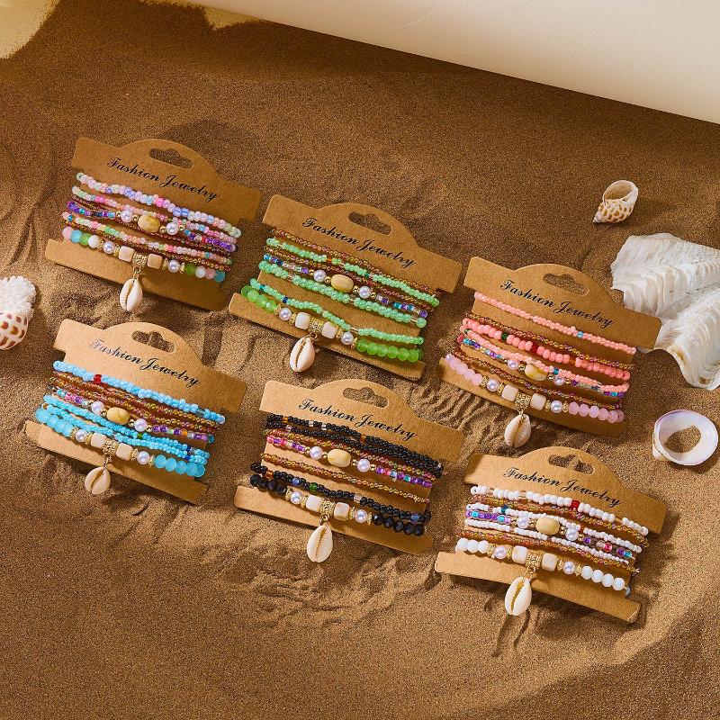 Boho Rice Beads Starfish Pendant Bracelets For Women Summer Ocean Beach Shell Charm Multilayer Bracelet Set
