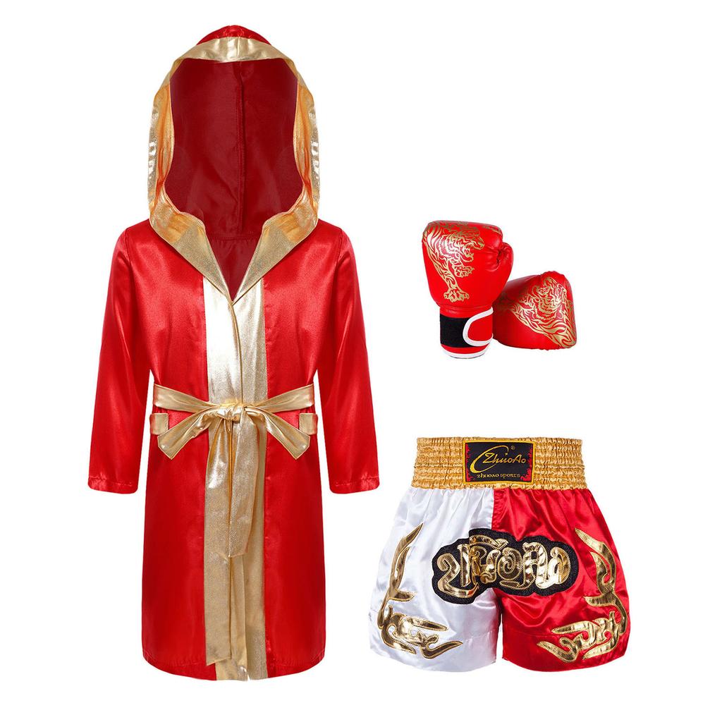 Косплей-набор «Ночь боев» для мальчиков: Боксерская накидка с капюшоном, шорты с эластичным поясом и перчатки - Полный комплект для вечеринки и ролевых игр