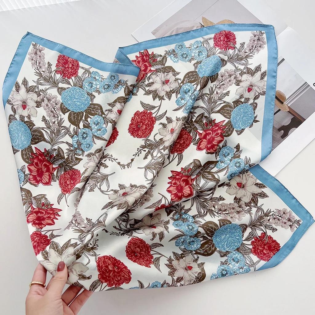 Floral Print Silk Feeling 70cm Square Scarf for Women Bandana Foulard Hairband Neckerchief Soft Satin Hijab Scarves Lady Elegant