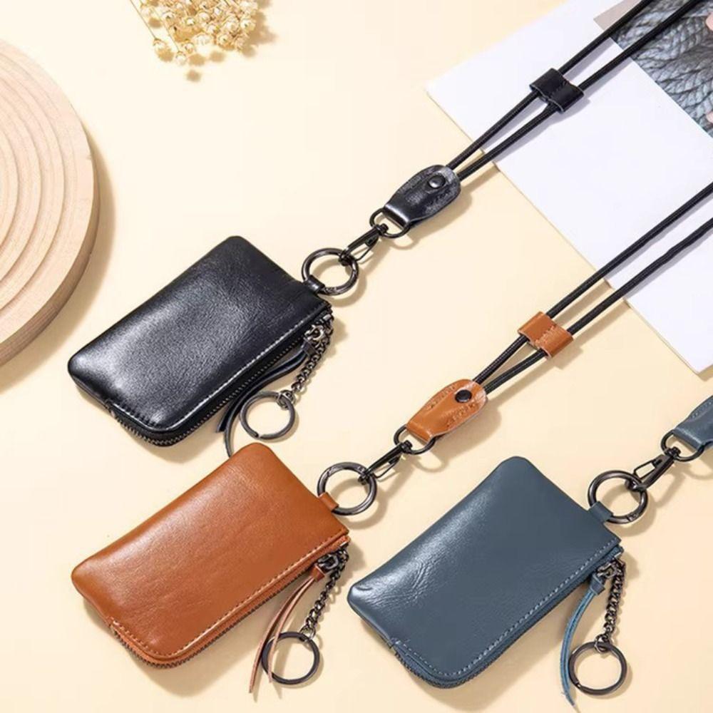 Retro Hanging Neck Wallets PU Card Holder Simple Men's Money Pouch Gift