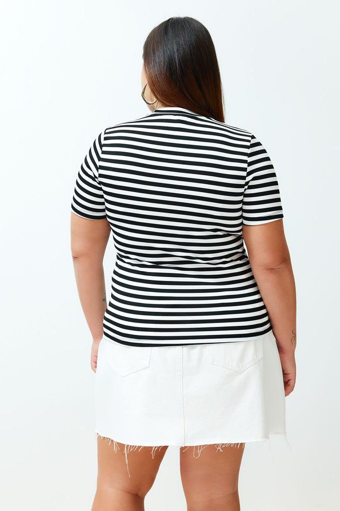 Women's Style Plus Size Black-White Striped Knitted T-shirt with Embroidery Detail